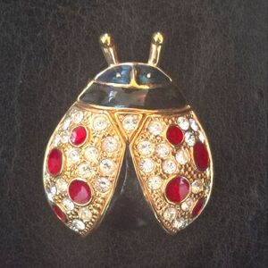 Roman Vintage Ladybug Brooch Bug Gold Rhinestones & Enamel EUC